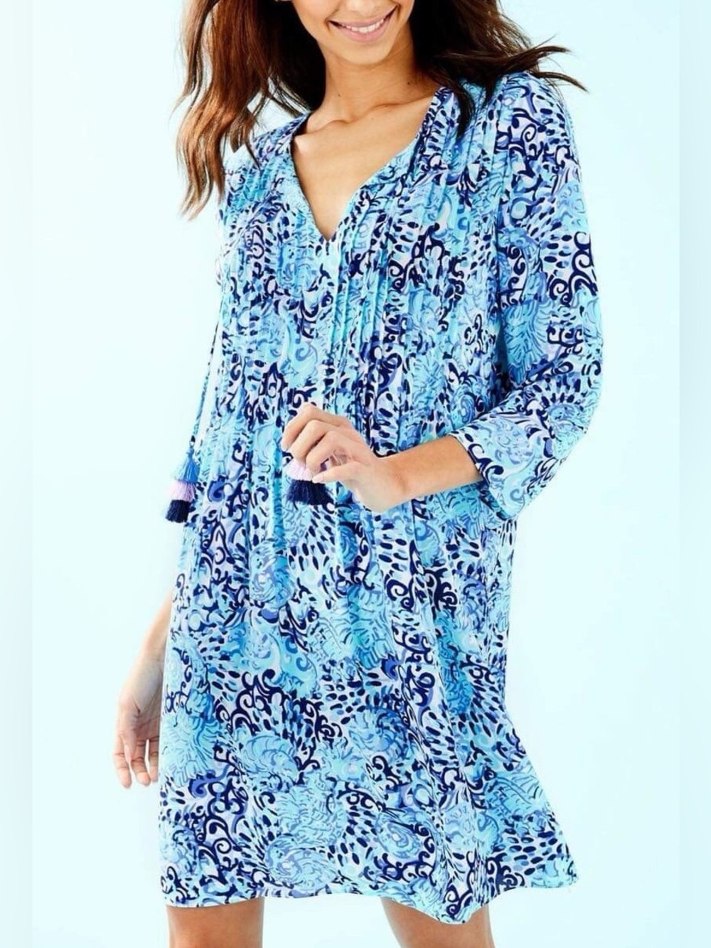 Lilly Pulitzer Light Blue Floral-Scroll V-Neck Dress with Tassel